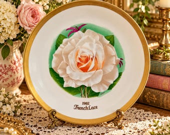 Vintage 1982 French Lace Rose Collector Plate Luther Bookout Gold Rim