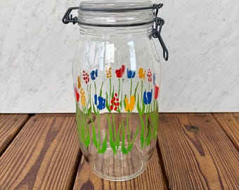 Vintage Arc France Glass Clamp Lid Jar | Hand Painted Floral Canister | French Kitchen Storage
