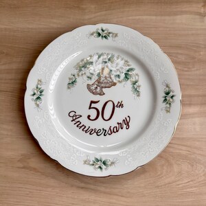 Vintage Lefton China 50th Wedding Anniversary Decorative Collectible Plate - Hand Painted - 1142 - Bells - Gold Trim - Stamped