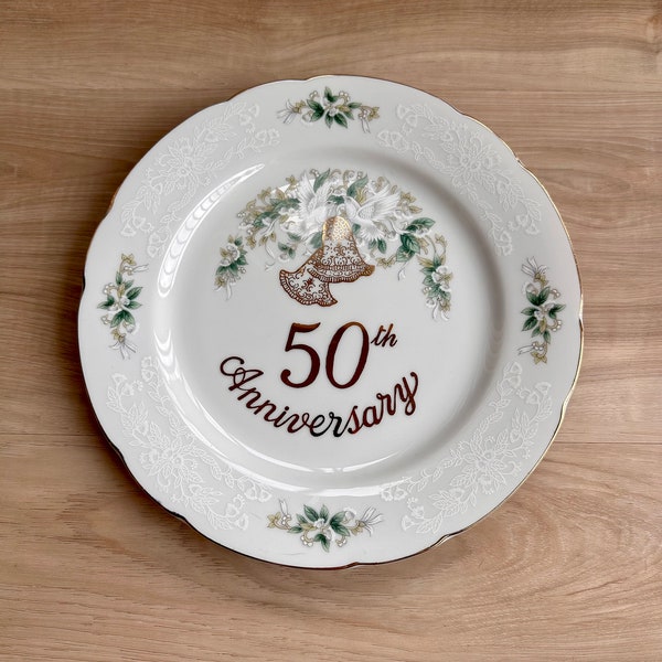 Lefton China 50th Wedding Anniversary Decorative Collectible Plate - Hand Painted - 1142 - Bells - Gold Trim - Stamped