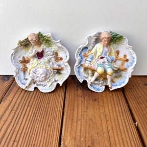Vintage Chase Japan Victorian Couple Wall Plaques – Hand Painted Porcelain – Occupied Japan – Set of 2