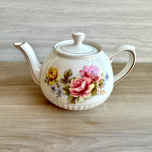 Vintage Ellgreave English Ironstone Teapot - Arthur Wood and Sons - White with Pink and Yellow Roses - Fine China - Made in England
