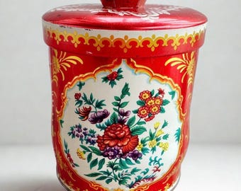 Vintage Murray Allen Floral Candy Tin Red Gold English Metal Kitchen Canister