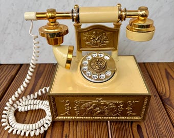 Vintage Ornate Rotary Telephone Gold Cream Victorian Desk Phone 1970s Reproduction