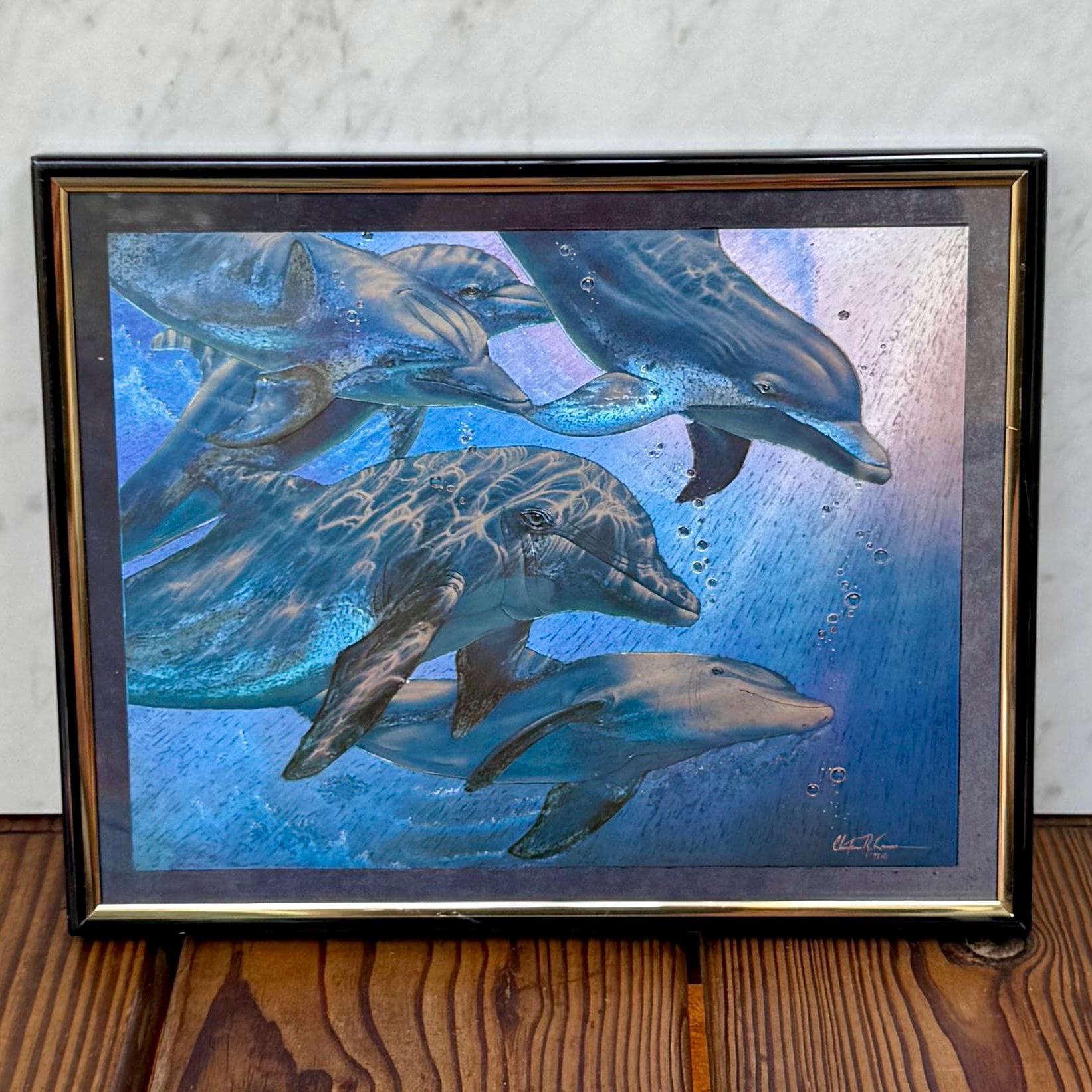 Vintage 1991 Christian Riese Lassen Dolphin Print Framed Art