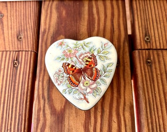 Vintage Small Dahr Heart Shaped Floral Metal Tin Canister with Butterfly - Made in England - Cottage Core Décor