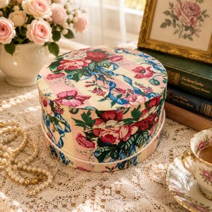May include: A round cardboard hat box featuring a floral pattern with pink roses, green leaves, and blue ribbons on a cream and pink striped background. The lid and base are decorated with the same floral motif, and a white cord trim encircles the base.