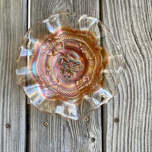 Vintage Dugan Diamond Carnival Glass Bowl: Marigold Iridescent Apple Blossom Twigs