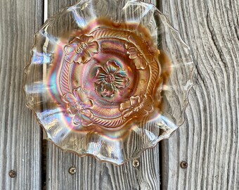 Vintage Dugan Diamond Carnival Glass Bowl: Marigold Iridescent Apple Blossom Twigs