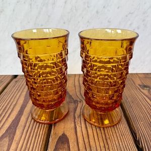Vintage Pair of 2 Indiana Glass Whitehall by Colony Cube Fostoria Tumblers in Amber - Footed Tea Water Drinking Glasses - 14 oz.