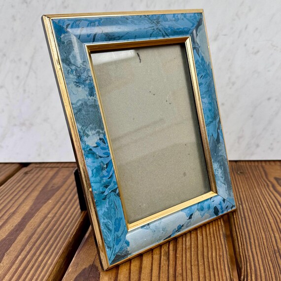  ブルー フォトフレーム 4x6インチ Vintage Blue Marbled Wood Picture Frame 4x6 With Gold Trim