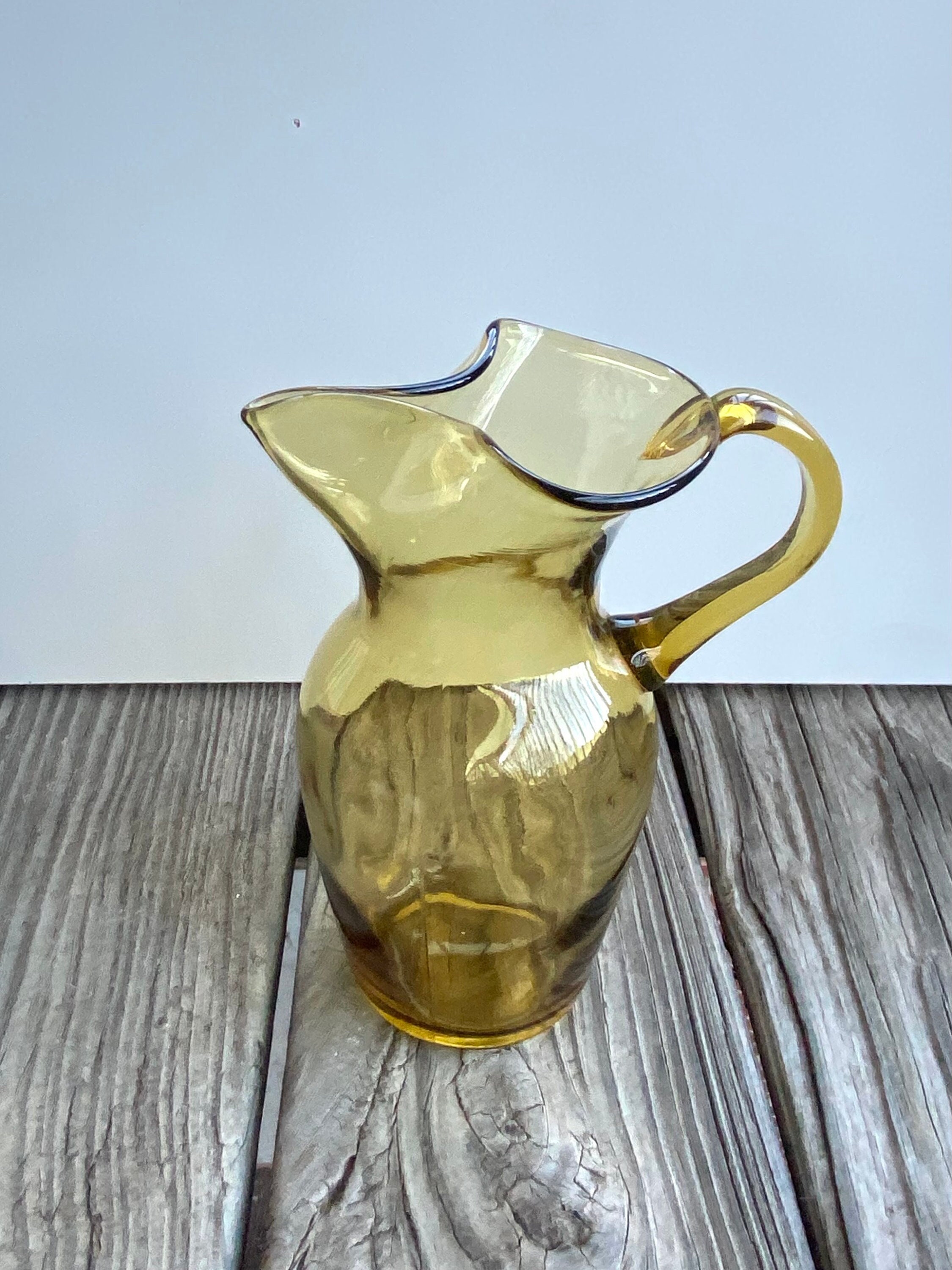 Vintage Hand Blown Honey Amber Glass Pitcher - MCM Ruffled Spout