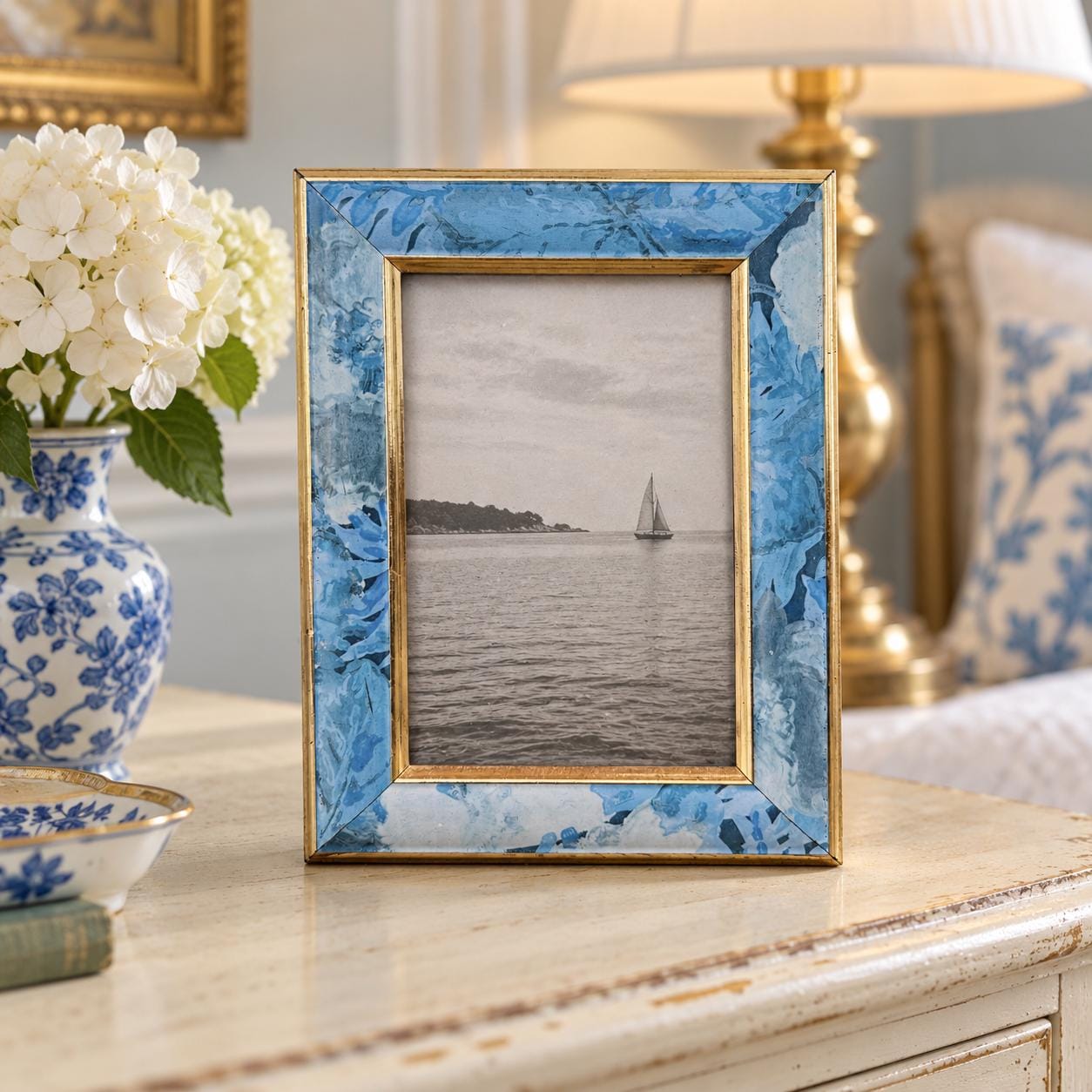 Vintage Blue Marbled Wood Picture Frame 4x6 With Gold Trim