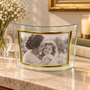 May include: A curved glass picture frame featuring a polished gold-tone metal border. The frame holds a black and white photograph of an adult and a child embracing. The clear glass structure has a wide, arched design with smooth, rounded edges.