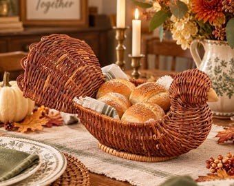 Vintage rieten kalkoenmand, geweven broodmand voor Thanksgiving, herfsttafeldecoratie