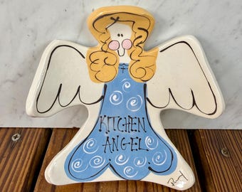 Vintage handgeschilderde keuken engel lepelsteun keramiek volkskunst gesigneerd decor
