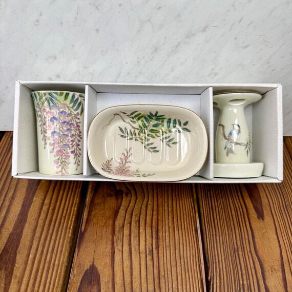 柴田陶器　七宝　小物入れ ３点 shibata chinaware japan Vintage Shibata Japan Porcelain Bathroom Vanity Set Floral Soap