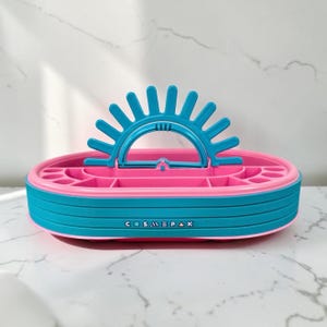 Vintage 90s Organizer na kosmetyki, różowo-turkusowy, CosmePak, tacka do przechowywania kosmetyków