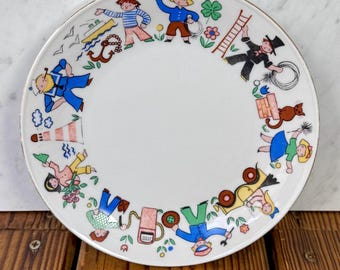 Plato infantil de porcelana vintage, decoración infantil de arte popular alemán, borde con diseño de cuento de hadas.