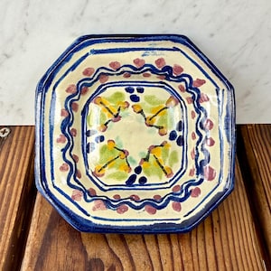 Handbemalte achteckige Schale im Vintage-Talavera-Stil, 4,5-Zoll-Schüssel aus blauer Blumenkeramik