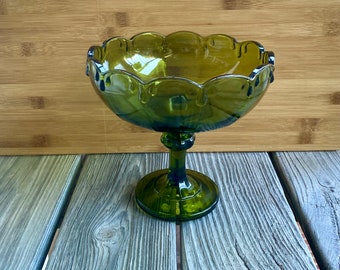 Vintage Indiana Glass Compote: Avocado Green Garland Teardrop Pedestal Bowl