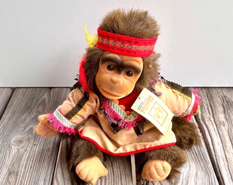 Vintage 1995 Hosung 14" Junior Chimp Hand Puppet - Julious Monkey - With Tag and working Squeaker - Dressed as Indian Chief