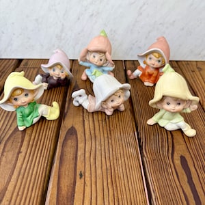 Vintage Homco Pixie Figurines: Flower Hat Elves, Set of 6
