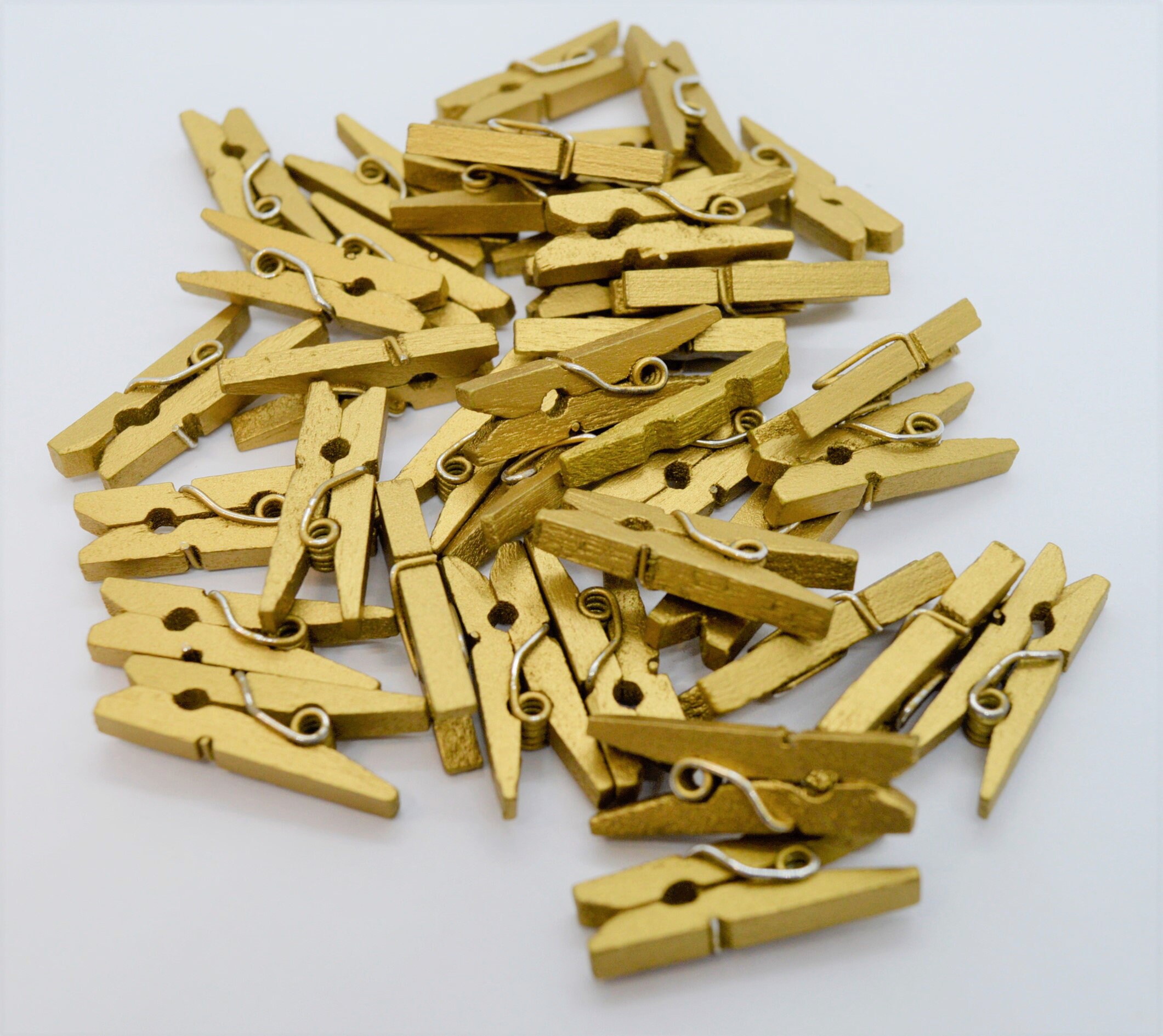 100 Gold Pegs Mini Wooden Clothes Pegs Craft Embellishments Etsy UK