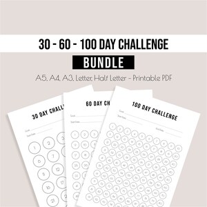 Op de afbeelding: Printbare 30-, 60- en 100-daagse challenge-trackers. De trackers zijn zwart-wit en hebben cirkels voor elke dag. De tekst "30 Day Challenge", "60 Day Challenge" en "100 Day Challenge" staat bovenaan elke tracker.