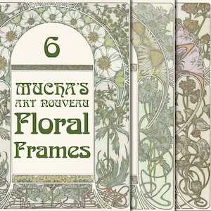 Digital Alphonse Mucha Floral Frame Pack 6, Art Nouveau, Vintage Floral, Botanical Illustrations, Alfonse Mucha, Junk Journal Kit, Album