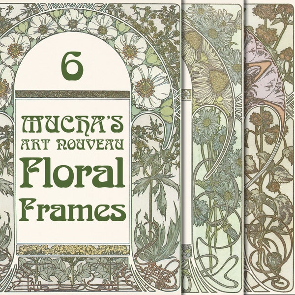 Digitale Alphonse Mucha Floral Rahmen Pack 6, Jugendstil, Vintage Blumen, botanische Illustrationen, Alfonse Mucha, Junk Journal Kit, Album