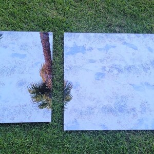 May include: Two rectangular mirrors, one larger than the other, are lying on a green grassy surface. The smaller mirror reflects a palm tree, while the larger mirror reflects a cloudy sky.