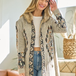 new ON BLUE  sweater cardigan faux fur trim hooded Yellowstone Aztec print bohemian western Oatmeal Sm- Lg top quality duster Magnolia GIFT
