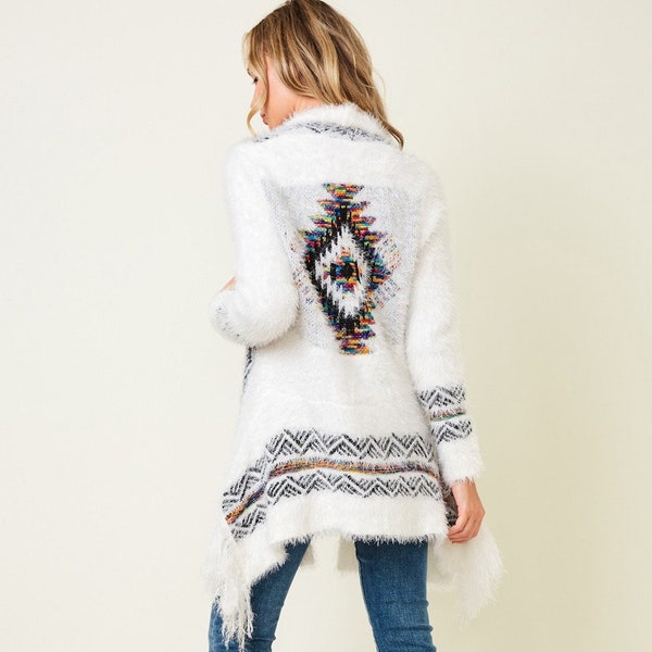 new ON BLUE Aztec tribal cardigan drape fringe sweater southwestern bohemian resort Yellowstone rainbow pattern Xs-3XL ski lodge soft