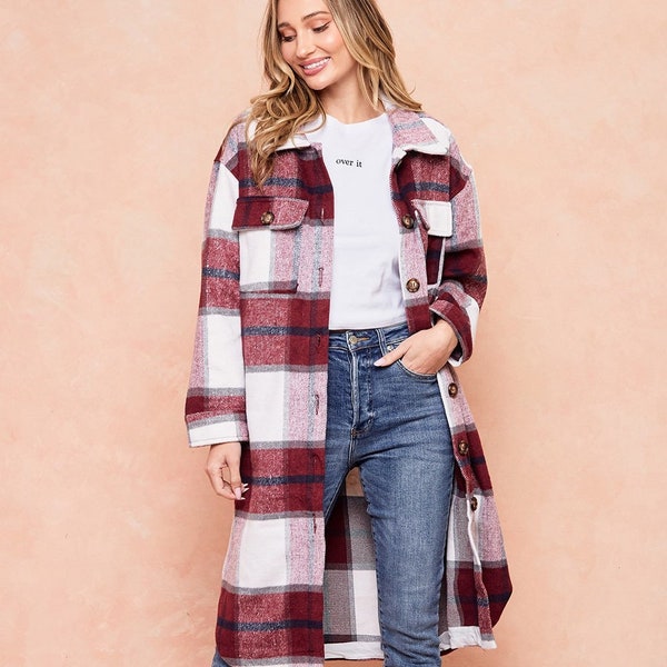 Women's Blue Red Mint plaid button Shacket Cardigan