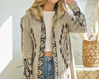 new ON BLUE  sweater cardigan faux fur trim hooded Yellowstone Aztec print bohemian western Oatmeal Sm- Lg top quality duster Magnolia GIFT