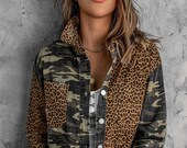 NEW top fashion statement leopard camouflage shirt patchwork denim jacket shacket Sm-Xl long sleeve STUNNING distressed raw hem western