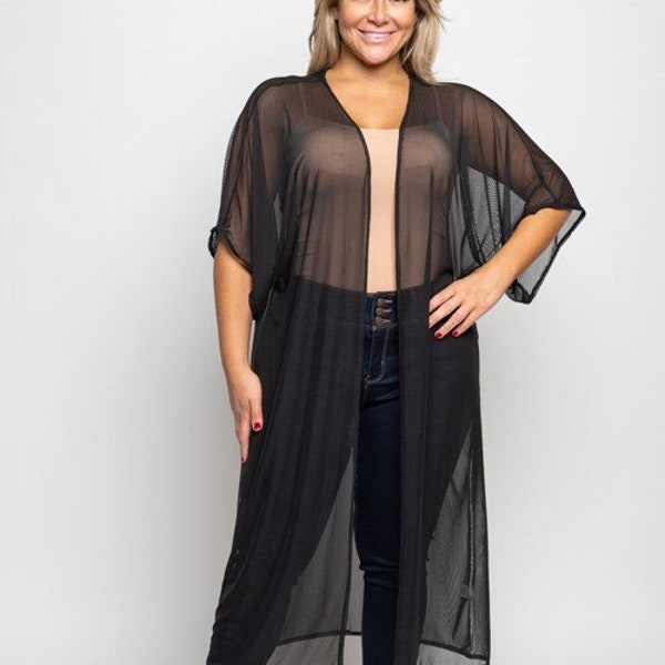 new Curve Market mesh sheer kimono cover-up wrap Kaftan duster cardigan western  plus 1X-3X regular SM-LG black, royal, white, red USA