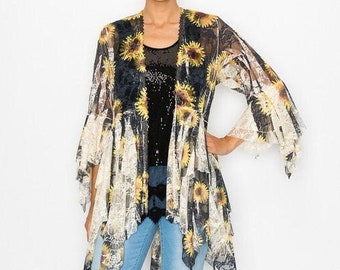 new ORIGAMI designer all lace cardigan kimono wrap shirt floral Sunflower stunning western hippie Magnolia Bohemian SM-3X