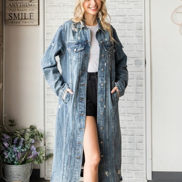 new VERVET by flying Monkey fashions destroyed distressed long denim duster jean jacket bohemian western flare SM-3XL