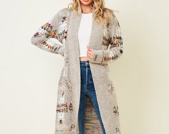 new ON BLUE Aztec Beige Jacquard sweater cardigan Bohemian western Tribal Indian wells Yellowstone Reg & Plus sizes Xs-3X