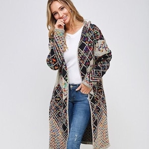 new ON BLUE Pinklicious oatmeal sweater cardigan wrap hooded bohemian western Aztec Yellowstone rainbow multi pattern plus & Reg Xs-3XL