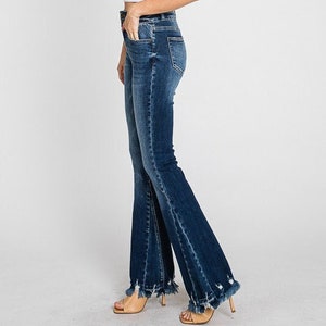 new PETRA153 flared high rise stretch slimming slenderizing denim jeans destroyed hem sexy size 3/25-13/30 western hippie boho