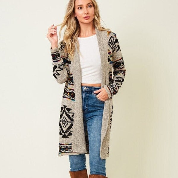 new ON BLUE Aztec rainbow jacquard tribal western bohemian cardigan sweater wrap Taupe reg & plus sizes Xs-3X Yellowstone Magnolia