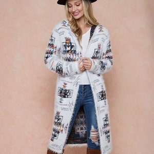 new ON BLUE aztec pattern hooded sweater cardigan coatigan rainbow jacquard eyelash yard Xs-3XL western Bohemian white Magnolia