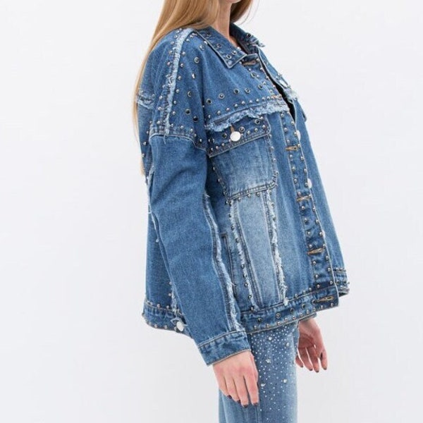 brand new VOCAL studded & stones oversized denim jean jacket Sm-XL hottest fashion boho western Concert rocker Harley biker cowgirl tuff