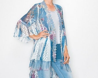 new ORIGAMI designer cardigan duster kimono kaftan wrap Sm-4X blue roses all lace western bohemian hippie shabby chic Magnolia Victorian