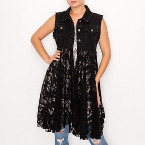 new ORIGAMI black denim and lace shirt vest Victorian vintage western bohemian Magnolia cardigan wrap plus and reg sizes SM-3X (3-colors)