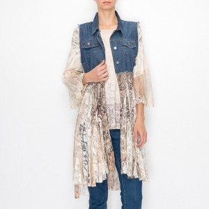 New Origami boutique BOHEMIAN shabby chic western denim & sleeveless lace VEST cardigan duster premium quality S M L XL 2X 3X Magnolia