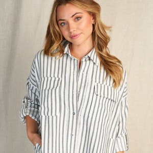 new WHITE BIRCH pin stripe button down flannel shirt frayed hem boho hippie western Lg-XXL black/white